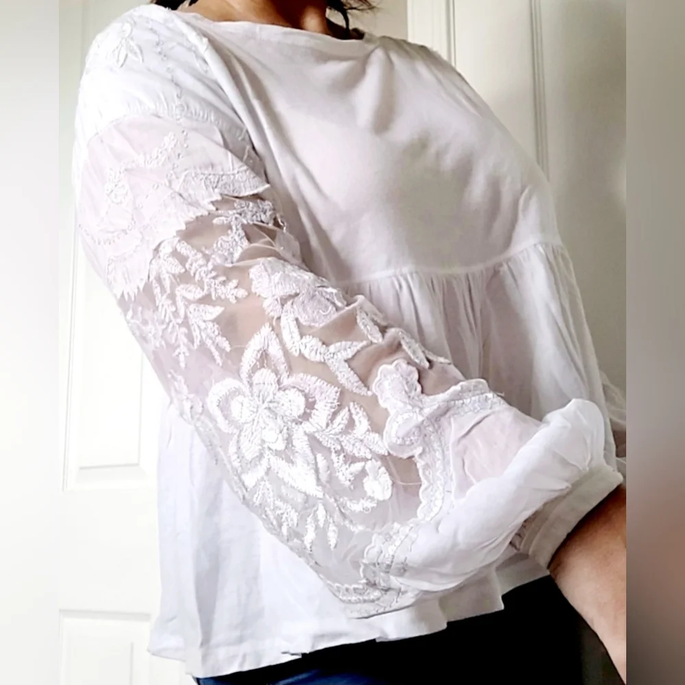 Free People Women Boho Blouse 100% Cotton Embroidered Puff Mesh Peplum Small/Med